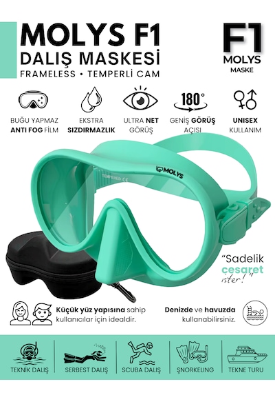 Molys F1 Pro Dalış Maskesi + Antı Fog Buğu Önleyici Film + Dalış Maskesi Kutusu Küçük Yüz Yapısı İçin İdeal Turkuaz