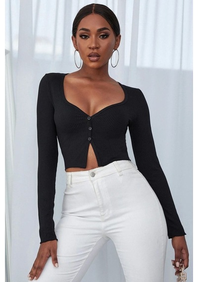 Beru Kadın Siyah Uzun Kollu Düğme Detaylı Göğüs Ve Göbek Dekolteli Crop Top Bluz Premium Stil L - XL