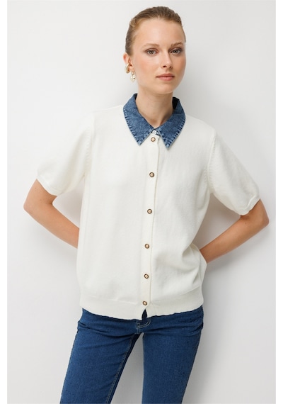 On Kadın Denim Detaylı Kısa Kollu Triko Hırka 10509 Ekru