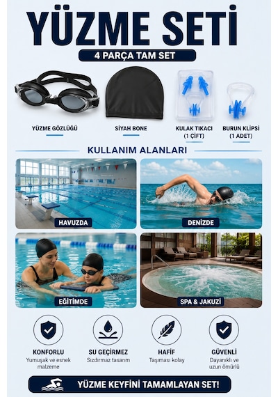 Yüzme Seti Siyah Gözlük Bone Kulak Tıkacı Burun Klipsi 4 Parça