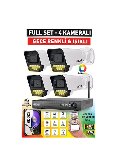 4 Kameralı Fullhd 5mp Lensli Renkli Gece Görüşlü 9 Led Güvenlik Kamerası Seti - 320gb