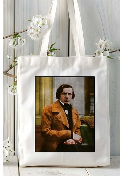 Art Hediye Frederic Chopin Baskılı Bez Çanta Omuz Çantası Kişiye Özel Desen 2 Çok Renkli