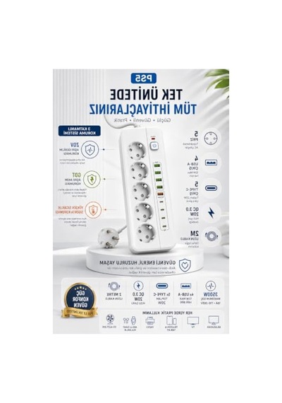 5'li Akım Korumalı Priz, 4 Usb-a Ve 5 Type-c Çıkışlı, 2 Metre Kablolu