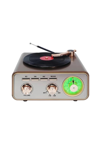Metalik Nostaljik Tasarım Plak Çalar Görünümlü Radyolu Bluetooth Hoparlör Retro Müzik Plak