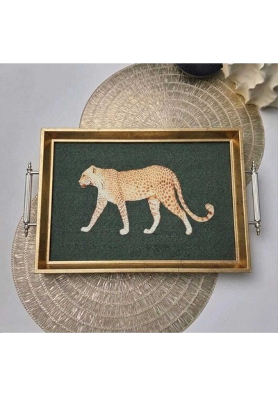 Leopar Desenli Dekoratif Tepsi Gold Çerçeveli Ve Kulplu Çay Kahve & Sunum Tepsisi