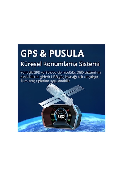 OBD + OBD 2 + GPS Çift Modlu Araç HUD LCD Ekranlı Akıllı Gösterge ve Arıza Tespit Cihazı + Koku