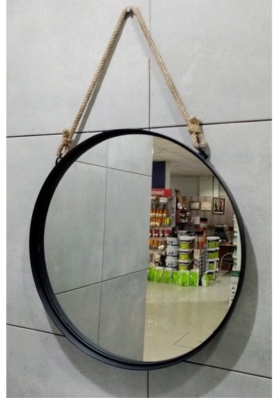 Dekoratif 45 Cm Metal Çerçeve Halat Askılı Ayna Mat Siyah