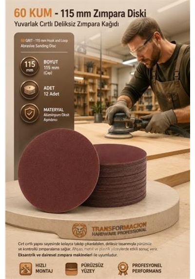 12 Adet 60 Kum Yuvarlak Cırtlı Zımpara Diski 115 Mm Deliksiz Zımpara Kağıdı 723215