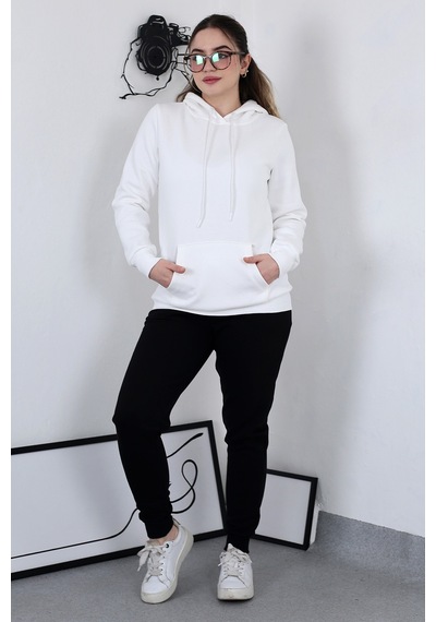 Hodies Winter Kapşonlu Kanguru Cep 3 İplik Puf Yumuşacık İçi Polarlı Sweatshirt Beyaz