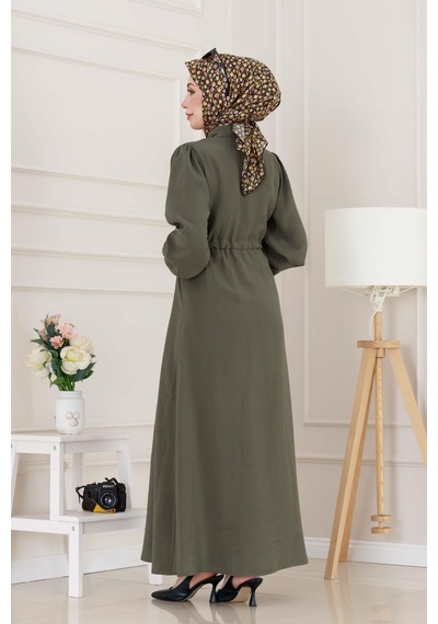 Sevitli Kemerli Tensel Elbise-haki-5039 Haki