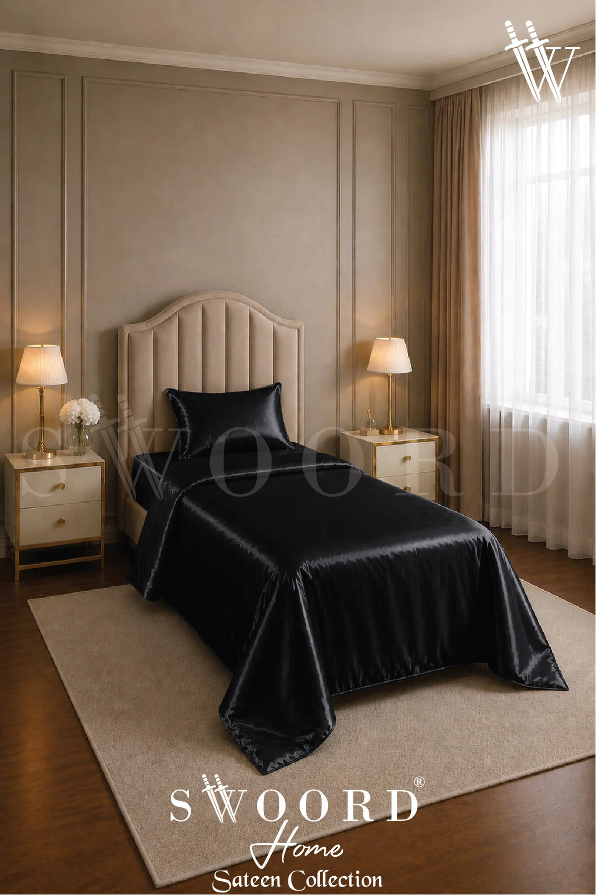 Tek Kişilik Saten Nevresim Takımı 3lü Tam Set +  Saten Saç Tokası Siyah