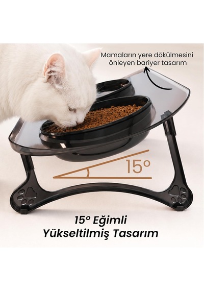 Mama Kabı, Mama Ve Su Kabı, Kedi Mama Kabı, Kedi Mama Ve Su Kabı, Köpek Mama Kabı, Kedi Mama Kapları, Köpek Mama Ve Su Kabı, 15 Eğimli Yüksek Çift Kaseli Siyah Transparan+siyah