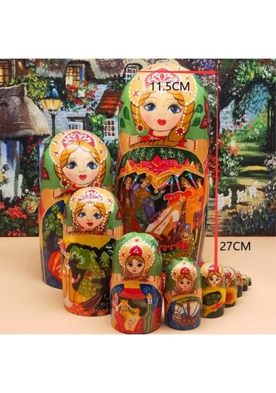 Onlu Ahşap Matruşka Bebek Seti Büyük 27cm Lüks Renkli 10 Parça L27