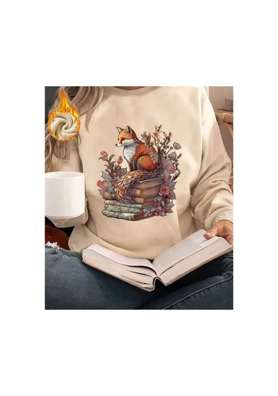 Herkesemoda Tilki Ve Kitap Baskı Detaylı Bisiklet Yaka Sweatshirt Bej