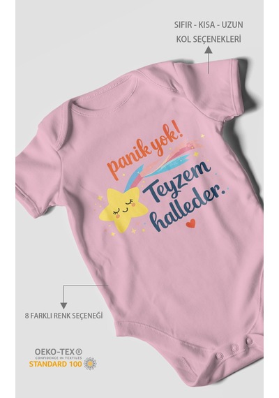 Morivokids Panik Yok Teyzem Halleder Kısa Kollu Bebek Body %100 Pamuk Koyu Pembe