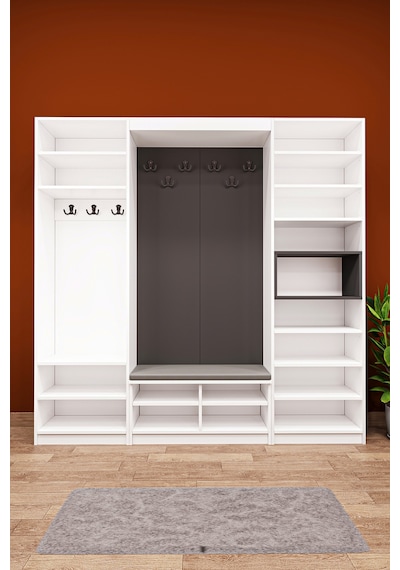 Lüks Puflu Aynalı Portmanto Askılı Vestiyer %100 Mdf Çok Raflı Modern Ayakkabılık V06 Beyaz - Antrasit Lüks Puflu Aynalı Portmanto Askılı Vestiyer %100 Mdf Çok Raflı Modern Ayakkabılık V06 Beyaz - Antrasit