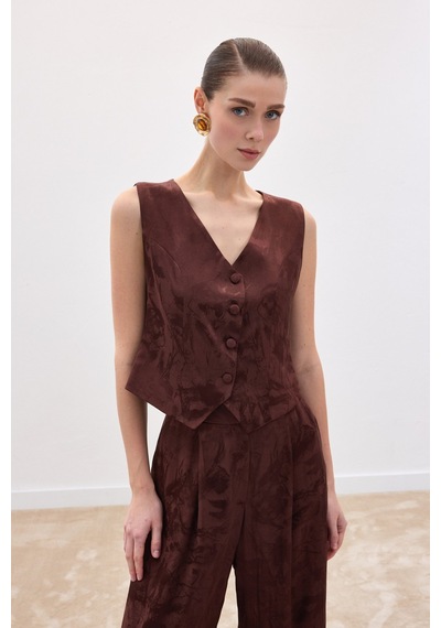 Sateen Jakarlı Yelek - Kahve-136838 Kahve