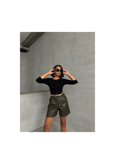 Verymoda Kemerli Deri Şort F1497 Haki