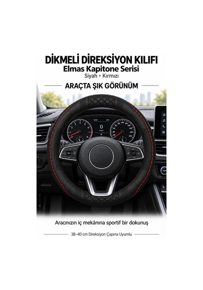 Trobus Peugeot 206 1998-2010 Uyumlu Dikmeli Direksiyon Kılıfı Elmas Kapitone Siyah Kırmızı Siyah - Kırmızı