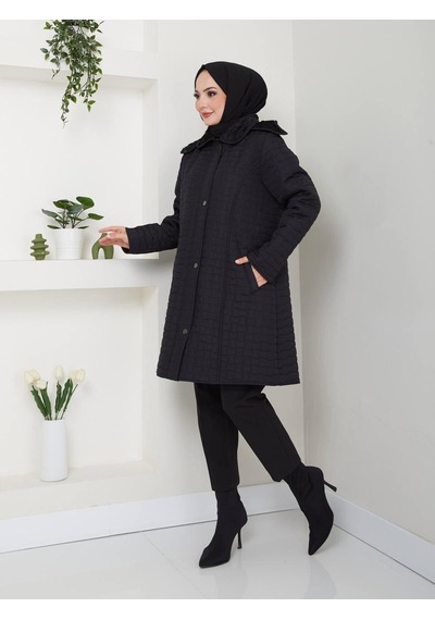 Eslemnur 90 Cm İçi Velboalı Kapitone Mont Siyah