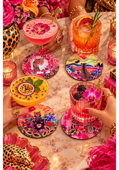 Leopar Desenli Tropikal Pop Art & Maksimalist Dekor Temalı, 4 Lü Bardak Altlığı Set 9 Cm, 3 Mm Ahşap Mdf, Dijital Baskı - 934189246 Diğer