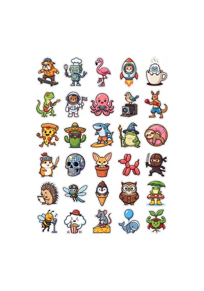 30 Adet Eğlenceli Karakter Maskot Sticker Seti - Laptop Defter Telefon Ajanda İçin Çok Renkli
