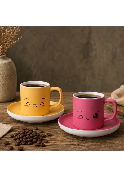 Bk Gift 2'li Sarı Ve Pembe Renkli Emoji Yüz Tasarımlı Seramik Türk Kahvesi Fincanı Takımı-6 Çok Renkli