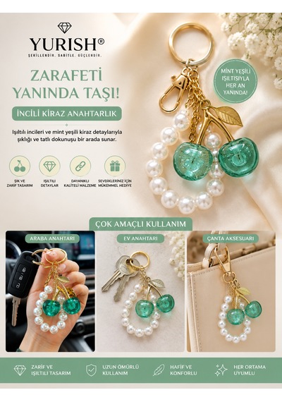 İnci Detaylı Mint Yeşili Kiraz Charm Anahtarlık Açık Yeşil
