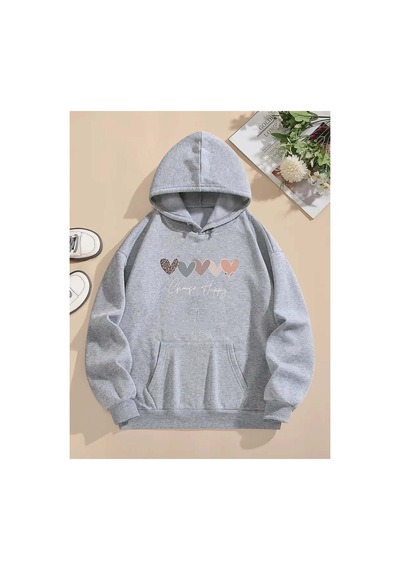 Medinenur Kalp Desenli Kapüşonlu Sweatshirt Gri