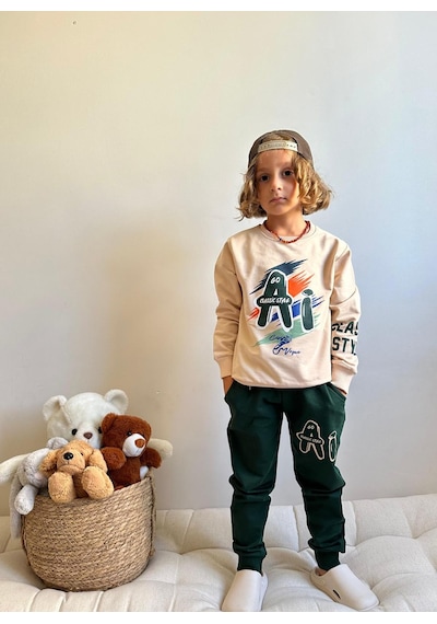 Jolly Kids Erkek Çocuk Yazı Baskılı Sweatshirt Takım Koyu Yeşil