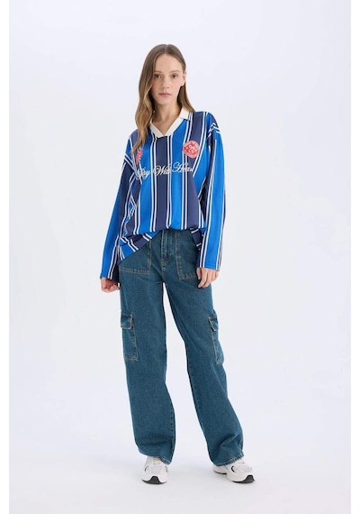 DeFacto Coool Oversize Geniş Kalıp Polo Yaka Baskılı Forma Kumaşı Uzun Kollu Tişört E5373AX25SPNV241 DeFacto Coool Oversize Geniş Kalıp Polo Yaka Baskılı Forma Kumaşı Uzun Kollu Tişört E5373AX25SPNV241