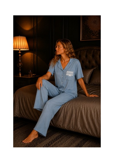 Elitol Fitilli Örme Kadın Düğmeli Pijama Takımı Mavi-3