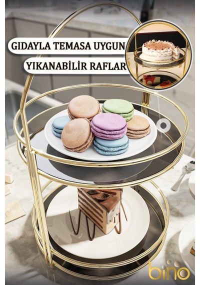 Bino Servis Sunum İkramlık Gold Büyük Lüks 2 Katlı 40cm Organizer Mutfak Düzenleyici Pasta Standı