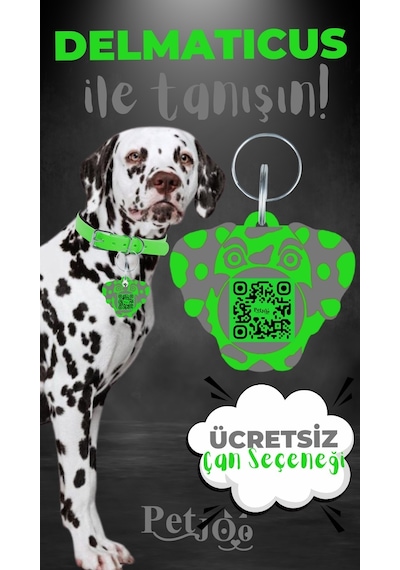 Petjoo 28.Delmaticus Gri-Yeşil Qr'lı Köpek Künyesi