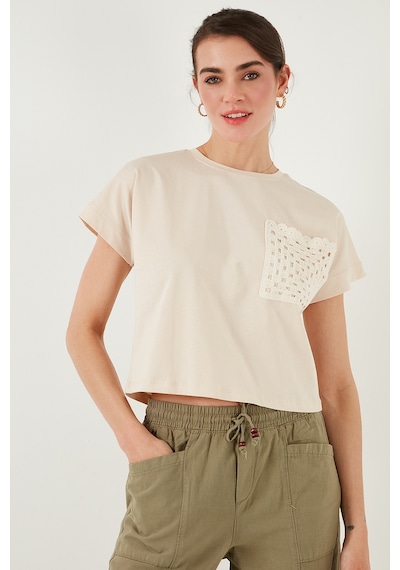 Lela Pamuklu Tek Cepli Regular Fit Bisiklet Yaka Bayan T Shirt 5865818 Taş