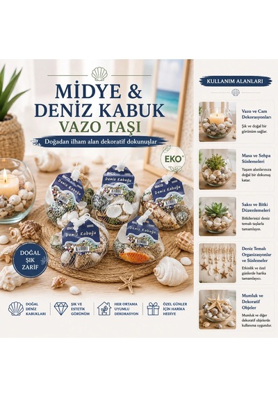 Ers 15 Adet Fileli Renkli Mix Eko Midye - Deniz Kabuk Vazo Taşı Çok Renkli
