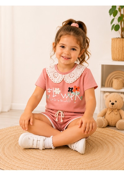 Tucankids Kız Çocuk Pembe Yakalı Baskılı İkili Takım