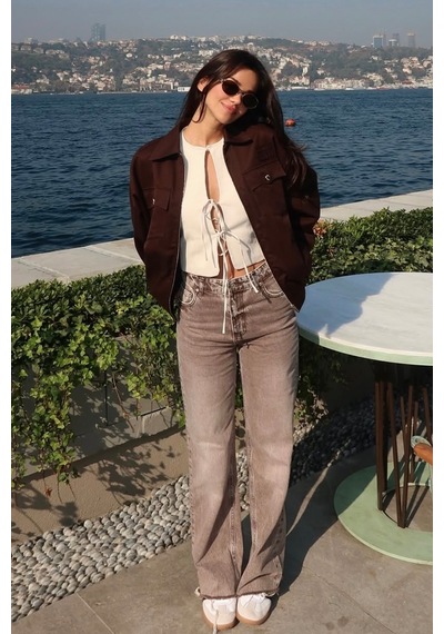 Açelyaokcu High Waist Wide Leg Kar Yıkama Geniş Paça Dikişsiz Jean Vizon