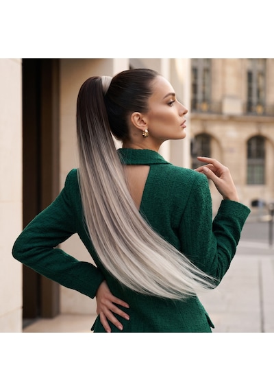 Lastik Tokalı At Kuyruğu Düz - Koyu Kumral / Gümüş Platin Ombre