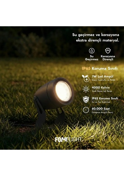 FoneLight Egitera 33 cm LED Kazıklı Çim Armatürü Spot Antrasit Alüminyum IP65 Bahçe Peyzaj Aydınlatması 7W