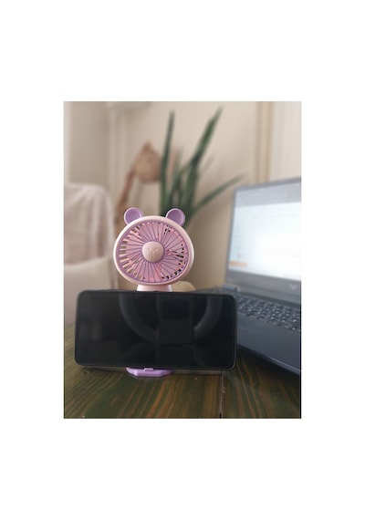 Led Işıklı Şarjlı Mini Vantilatör Telefon Standlı Usb Masaüstü Ve El Tipi Taşınabilir Fan Mor