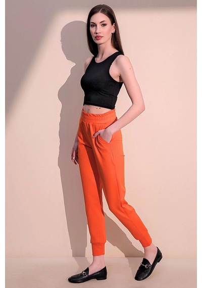 Kadın Oranj Rahat Dokulu Kumaş Cepli Beli Lastikli Paça Jogger Spor Pantolon Oranj