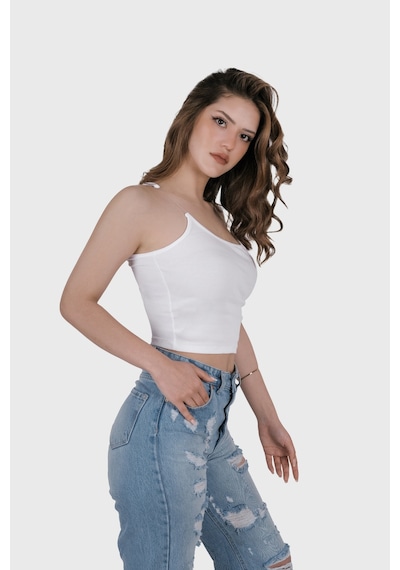 Simala Kadın Şeffaf Askılı Beyaz Kaşkorse Yazlık Şık Body Crop Beyaz