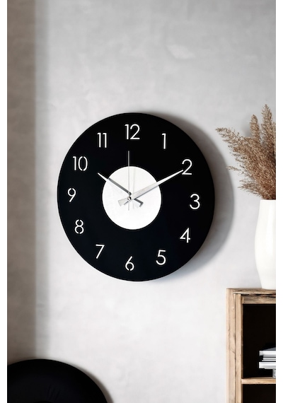 Ahşap Dekoratif Phact Gümüş Aynalı Duvar Saati 48cm Siyah - Gümüş