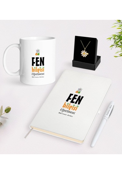 Kişiye Özel Fen Bilgisi Öğretmeni Beyaz Kupa Defter Kalem Ve Isim
