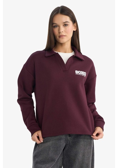 Defacto Coool Oversize Geniş Kalıp Polo Yaka Baskılı Sweatshirt G3721ax25wnbr171 Bordo-br171