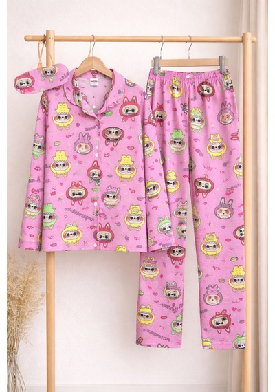 Beka Kids Labubu Desenli Uzun Kollu Önden Düğmeli Gömlek Yaka Kız Çocuk Pijama Takımı %100 Pamuklu Bej Beka Kids Labubu Desenli Uzun Kollu Önden Düğmeli Gömlek Yaka Kız Çocuk Pijama Takımı %100 Pamuklu Bej