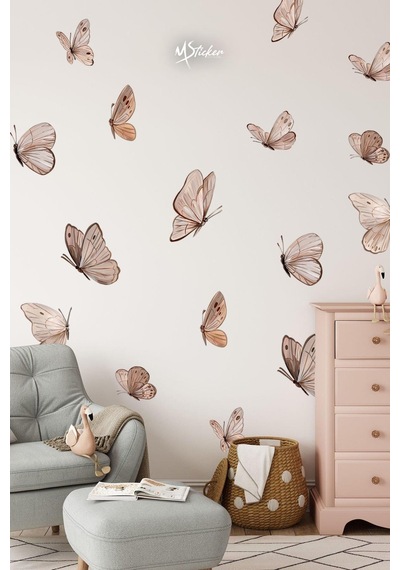 Soft Kahve Tonlarda Kelebekler Çocuk Bebek Odası Salon Duvar Cam Dolap Sticker Seti