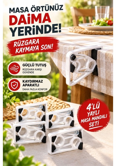 4 Lü Yaylı Masa Mandalı Seti - Kaydırmaz Aparatlı - Beyaz Renk - Plastik Çok Renkli