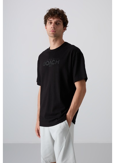 Tommy Life Siyah Pamuklu Kalın Yumuşak Dokulu Oversize Fit Baskılı Erkek T-shirt - 88329 Siyah